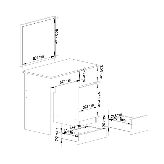 KOZMETIKAI FÉSÜLKÖDŐ ASZTAL TÜKÖRREL P-2/SL 500x600 JOBB PK FEHÉR