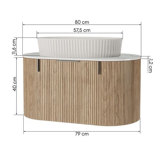 La simplicite 80 cm-es szekrény szett pulttal és mosdóval, bordázott, lekerekített, Glit White/tölgy