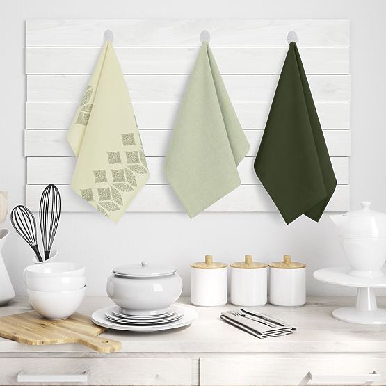 LETTY konyhai törlőkendő palackzöld színben, modern nyomott mintával, 50x70, ameliahome
