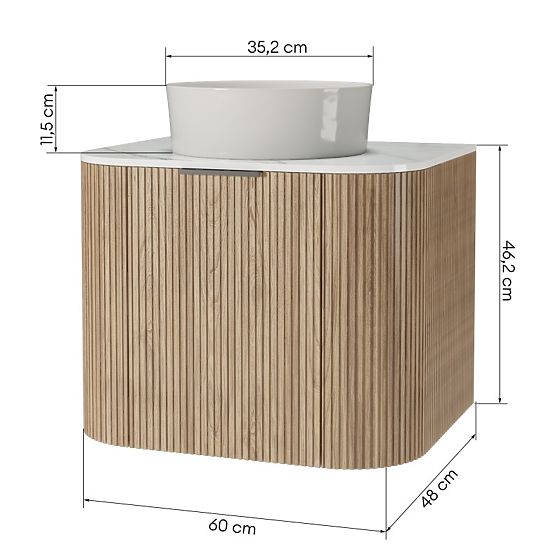 Matinale 60 cm-es szekrény és mosdókagyló szett, bordázott, lekerekített, Glit White/akác
