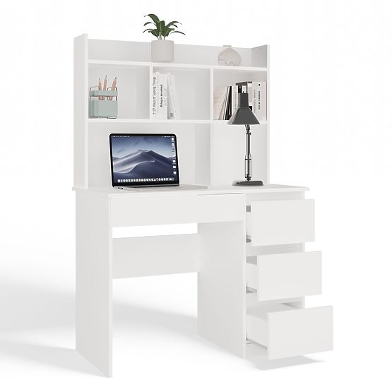 MIJAS Jobb Oldali Íróasztal Felépítménnyel Matt Fehér 4 Fiók 4 Polc Irodába Szobába