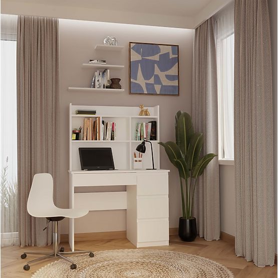 MIJAS Jobb Oldali Íróasztal Felépítménnyel Matt Fehér 4 Fiók 4 Polc Irodába Szobába