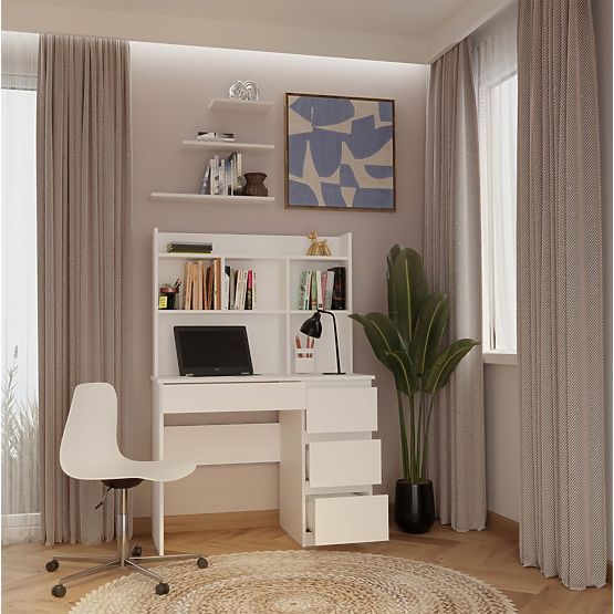 MIJAS Jobb Oldali Íróasztal Felépítménnyel Matt Fehér 4 Fiók 4 Polc Irodába Szobába