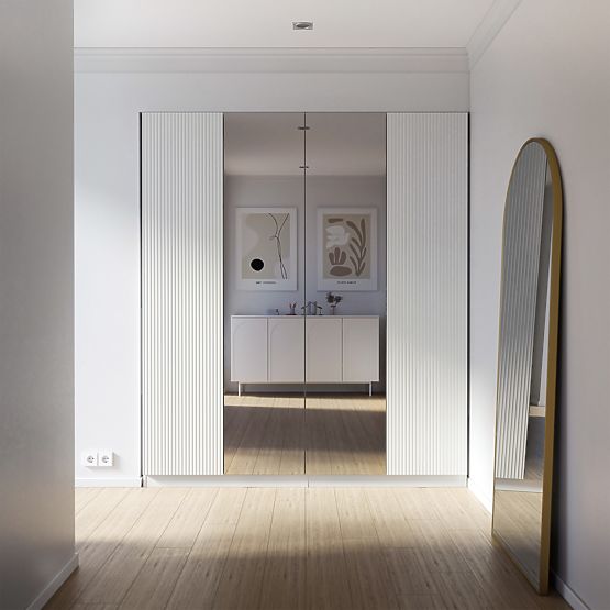 Négyajtós Neroli szekrény, egyszerű hornyok/tükör, fehér