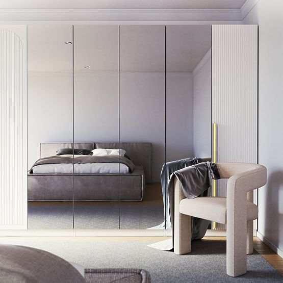 Négyajtós Neroli szekrény, tükör/egyszerű vájatok, fehér