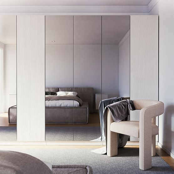 Négyajtós Neroli szekrény, tükör/egyszerű vájatok, fehér