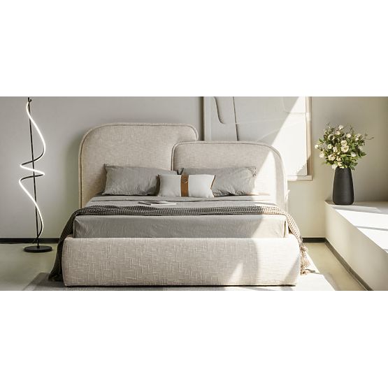 Nestia kárpitozott ágy 160x200 cm, ráccsal és tárolóval, világos bézs, lekerekített