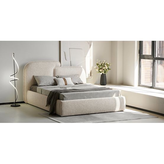 Nestia kárpitozott ágy 160x200 cm, ráccsal és tárolóval, világos bézs, lekerekített