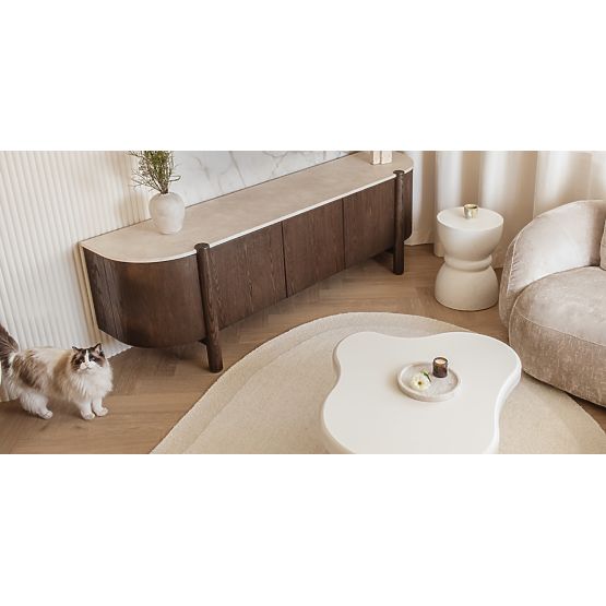 Ötajtós Bruna TV szekrény, mocha tölgy/krém márvány, lekerekített