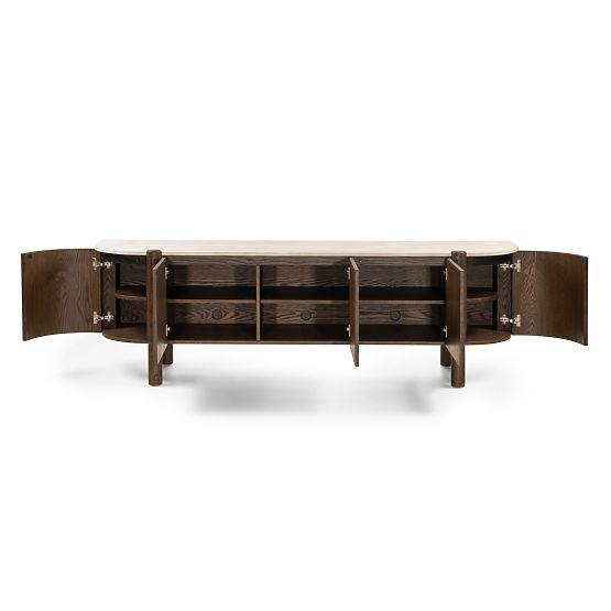 Ötajtós Bruna TV szekrény, mocha tölgy/krém márvány, lekerekített