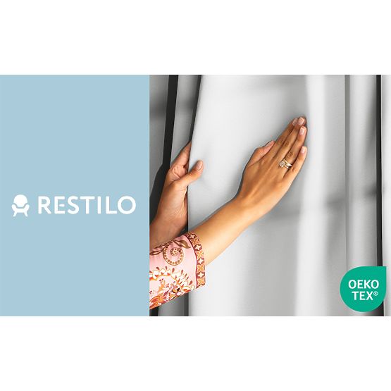 RESTILO BLACKOUT függöny fehér szín, rögzítő sáv, klasszikus stílus, ezüst karikák, anyag bl