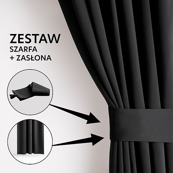 RESTILO BLACKOUT függöny fekete szín, rögzítő szalag, klasszikus stílus, ezüst ringlik, anyag b