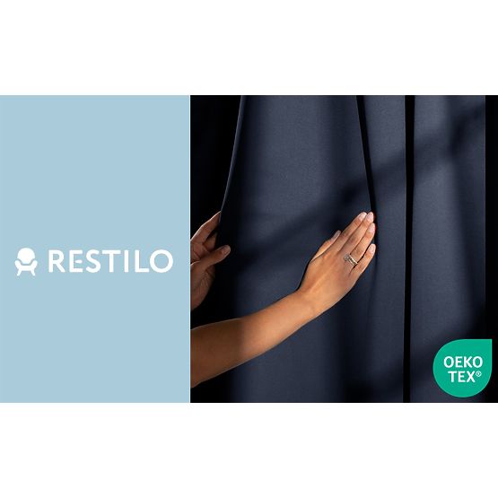 RESTILO BLACKOUT függöny indigó szín, klasszikus stílus, ezüst karikák, anyag bla
