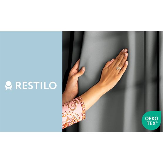 RESTILO BLACKOUT függöny szürke színben, sál, klasszikus stílus, ezüst karikák, blackout anyag
