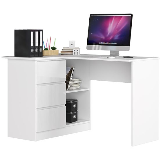 SAROK ÍRÓASZTAL B16 124 cm BAL 3 FIÓK PK FEHÉR / FEHÉR FÉNYES