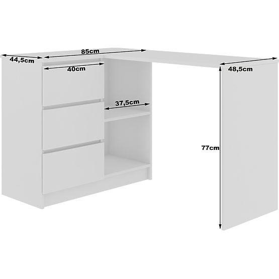 SAROK ÍRÓASZTAL B16 124 cm BAL 3 FIÓK PK FEHÉR / FEHÉR FÉNYES