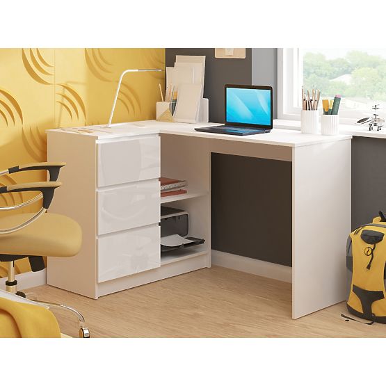 SAROK ÍRÓASZTAL B16 124 cm BAL 3 FIÓK PK FEHÉR / FEHÉR FÉNYES