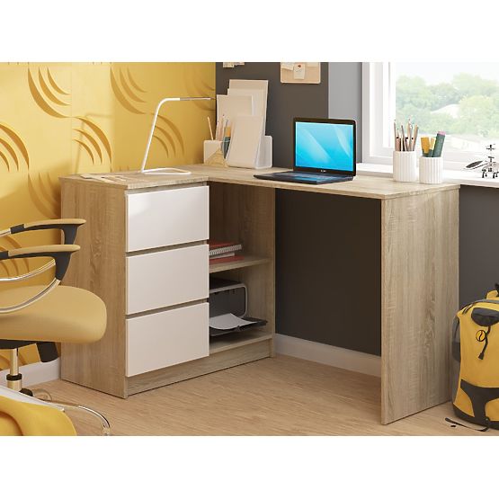 SAROK ÍRÓASZTAL B16 124 cm BAL 3 FIÓK TÖLGY SONOMA / FEHÉR