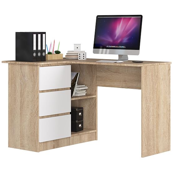SAROK ÍRÓASZTAL B16 124 cm BAL 3 FIÓK TÖLGY SONOMA / FEHÉR