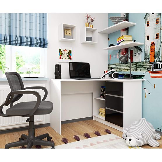 SAROK ÍRÓASZTAL B16 124 cm JOBB 3 FIÓK FEHÉR / FEKETE FÉNYES