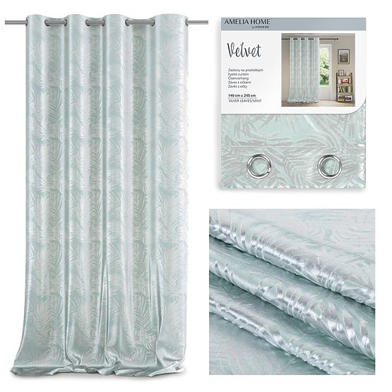 SILVERLEAVES függöny menta szín nyomtatott glamour stílus ezüst ringlik bársony 140x245 AmeliaHom