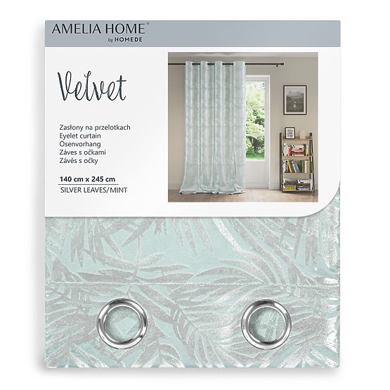 SILVERLEAVES függöny menta szín nyomtatott glamour stílus ezüst ringlik bársony 140x245 AmeliaHom