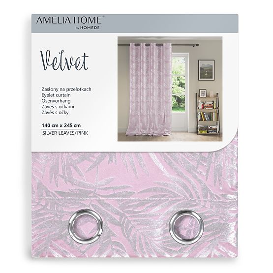 SILVERLEAVES függöny púderrózsaszín nyomtatott glamour stílus ezüst karikák bársony 140x245 Ameli