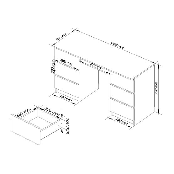 SZÁMÍTÓGÉPASZTAL A-11 135 cm 6 FIÓK FEHÉR / FEHÉR FÉNYES