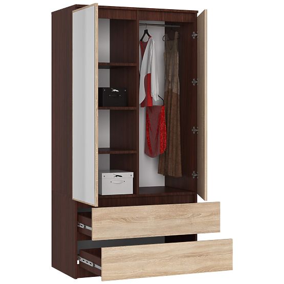 SZEKRÉNY S 90 cm 2 AJTÓ 2 FIÓK 2 TÜKÖR PK WENGE / SONOMA