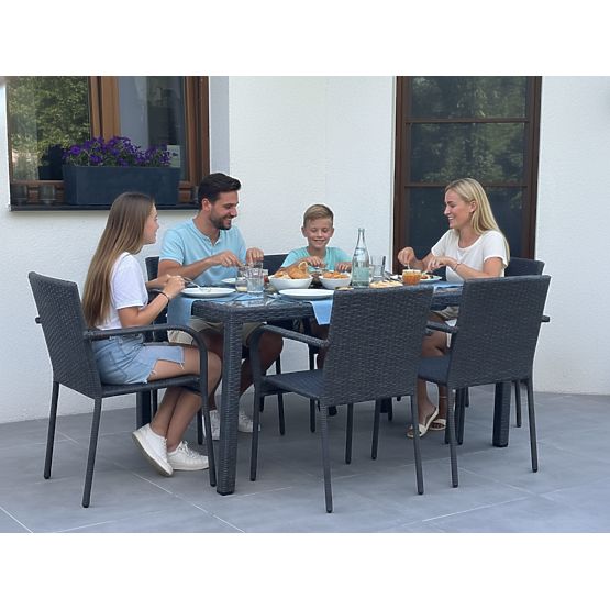 Technorattan étkező bútor szett (asztal 150×90 cm + 6 szék) AVVICENTE, fekete