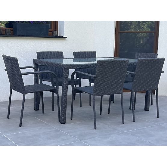 Technorattan étkező bútor szett (asztal 150×90 cm + 6 szék) AVVICENTE, fekete