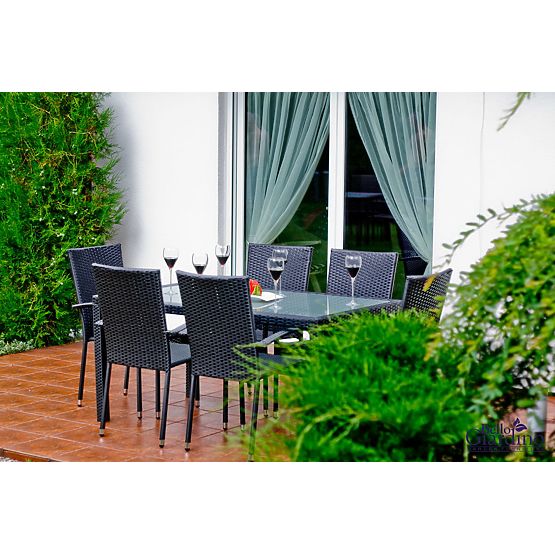 Technorattan étkező bútor szett (asztal 150×90 cm + 6 szék) AVVICENTE, fekete