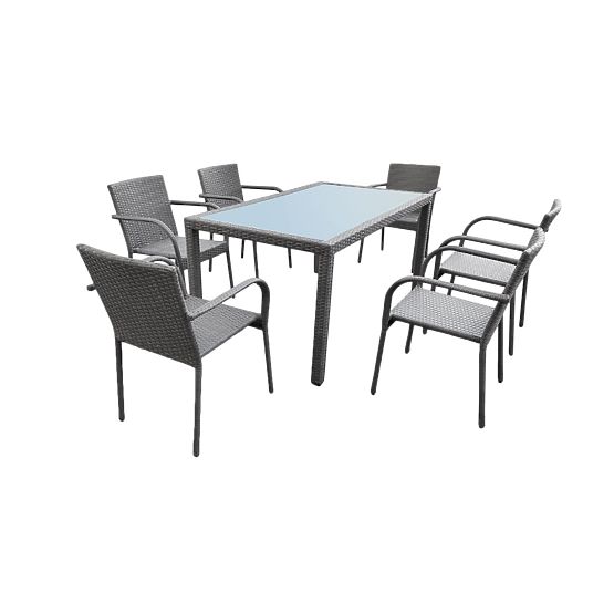 Technorattan étkezőgarnitúra (asztal 150x90cm + 6 szék) AVVICENTE szürke