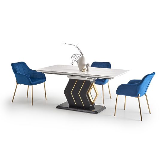 VINCENZO kihúzható asztal, lap: fehér márvány, láb: fekete/arany (3p=1db)