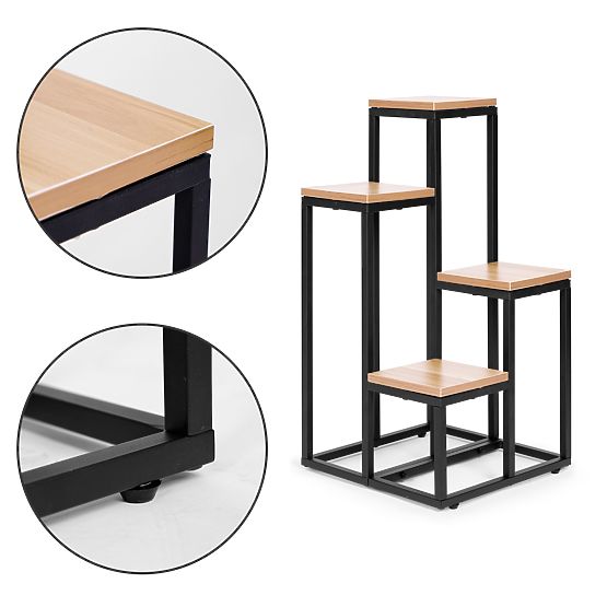 Virágállvány, virágpolc dekoráció 4 polccal, fém MDF világos dió ModernHome