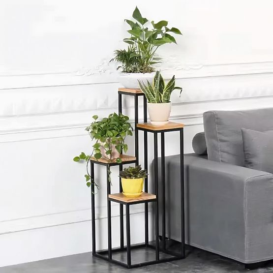 Virágállvány, virágpolc dekoráció 4 polccal, fém MDF világos dió ModernHome