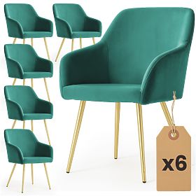 6x Bársonyos kárpitozott sima szék Palackzöld ESTELLE Arany lábak