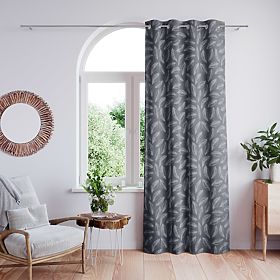 CALM függöny grafit színben, nyomtatott növényi motívummal, klasszikus stílus, ezüst fém karikákkal