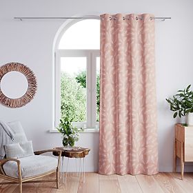 CALM függöny púderrózsaszín nyomtatott növényi motívummal klasszikus stílusú ezüst fém karikákkal