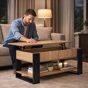 Kihúzható dohányzóasztal felnyitható lappal 90 cm tárolóhely polc sonoma tölgy ModernHome, MODERNHOME