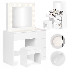 Kozmetikai fésülködőasztal tükörrel és LED világítással, 4 fiókos ülőkével - ModernHome, MODERNHOME