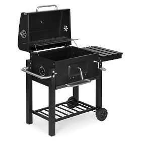 Nagy kerti faszenes grill fedéllel, hőmérővel, polcokkal, kerekekkel és ingyenes fúvóval, MEBELKI24