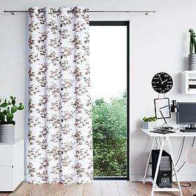 SERENITY fehér színű függöny nyomtatott növényi motívummal, klasszikus stílus, ezüst fém fűzőlyukakk