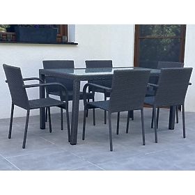 Technorattan étkező bútor szett (asztal 150×90 cm + 6 szék) AVVICENTE, fekete